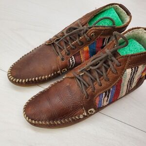 Anthropologie Cheyene Leather Fabric Moccasin Boots 5.5 Tribal Boho Southwestern